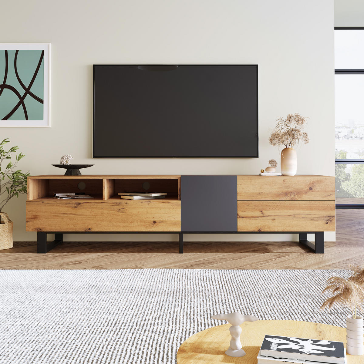 TV-SCHRANK Lowboard 180 cm Colorblock Holzoptik - Schwarz, Holz (180/35/45.5cm) - LEBENLANG
