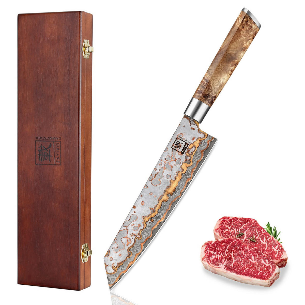 KIRITSUKE MysticMagma Damast - Braun, Holz/Metall (34cm) - Zayiko