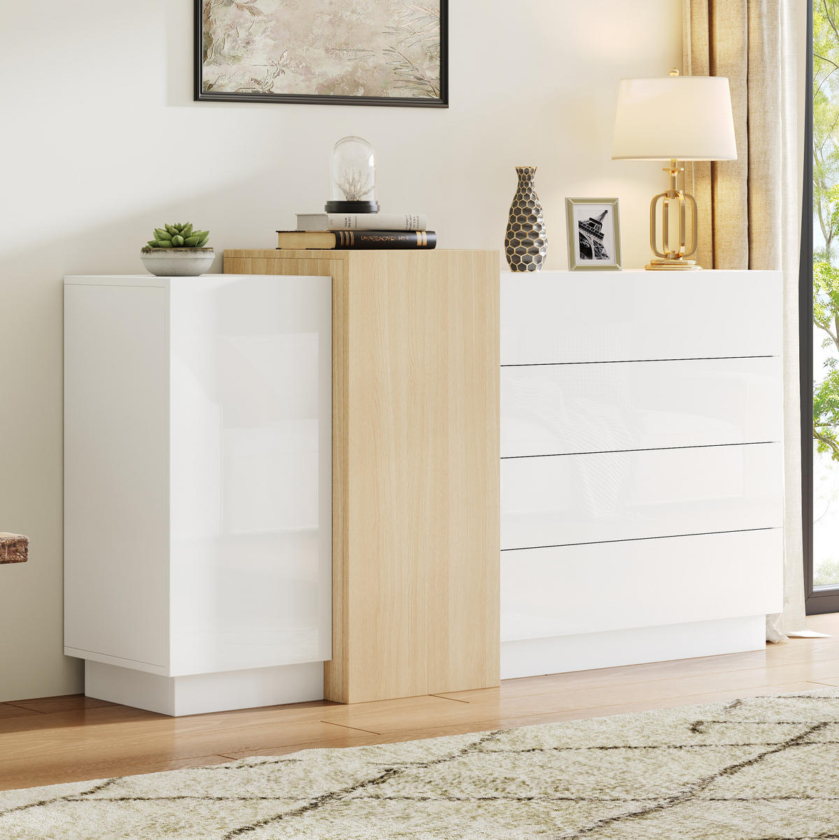 SIDEBOARD aus MDF 140x35x76,5 cm Weiß mit Hochglanzfront, Push-to-Open und 4 Schubladen - Weiß, Holzwerkstoff (140/76.5/35cm) - Modfu