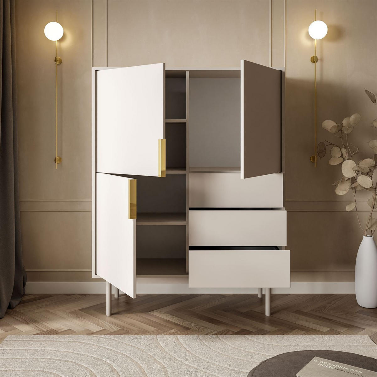 HIGHBOARD MIRACLE 3D3S mit Schubladen dreitrürig Kaschmir - Kaschmir, Holzwerkstoff (104/134/39cm) - Lookway