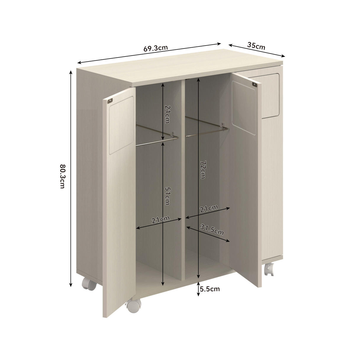MÜLLSCHRANK DE-38851 69,3/35/80 cm 3 Fächer und Rollen Creme - Creme, Holzwerkstoff (69.3/80/35cm) - ComfortXL
