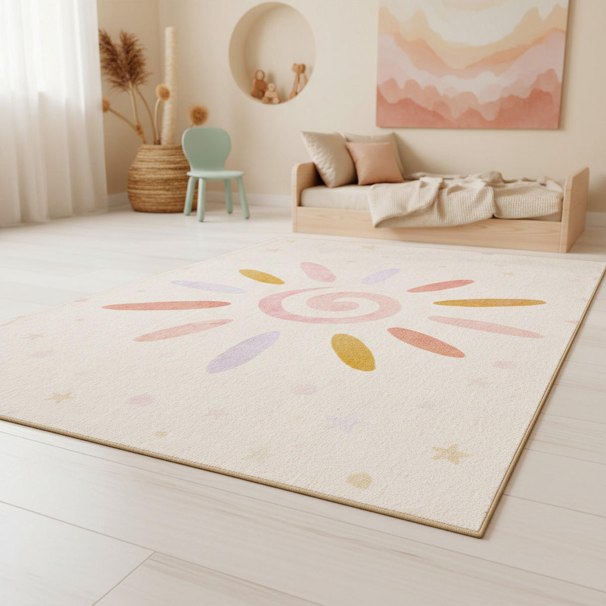 TEPPICH Kinder Flachgewebe Sonnenblume-Motiv Polyamid rutschfest Kinderzimmer Creme Rechteckig 140x200 - Beige, Textil (140/200cm) - KADIMA DESIGN