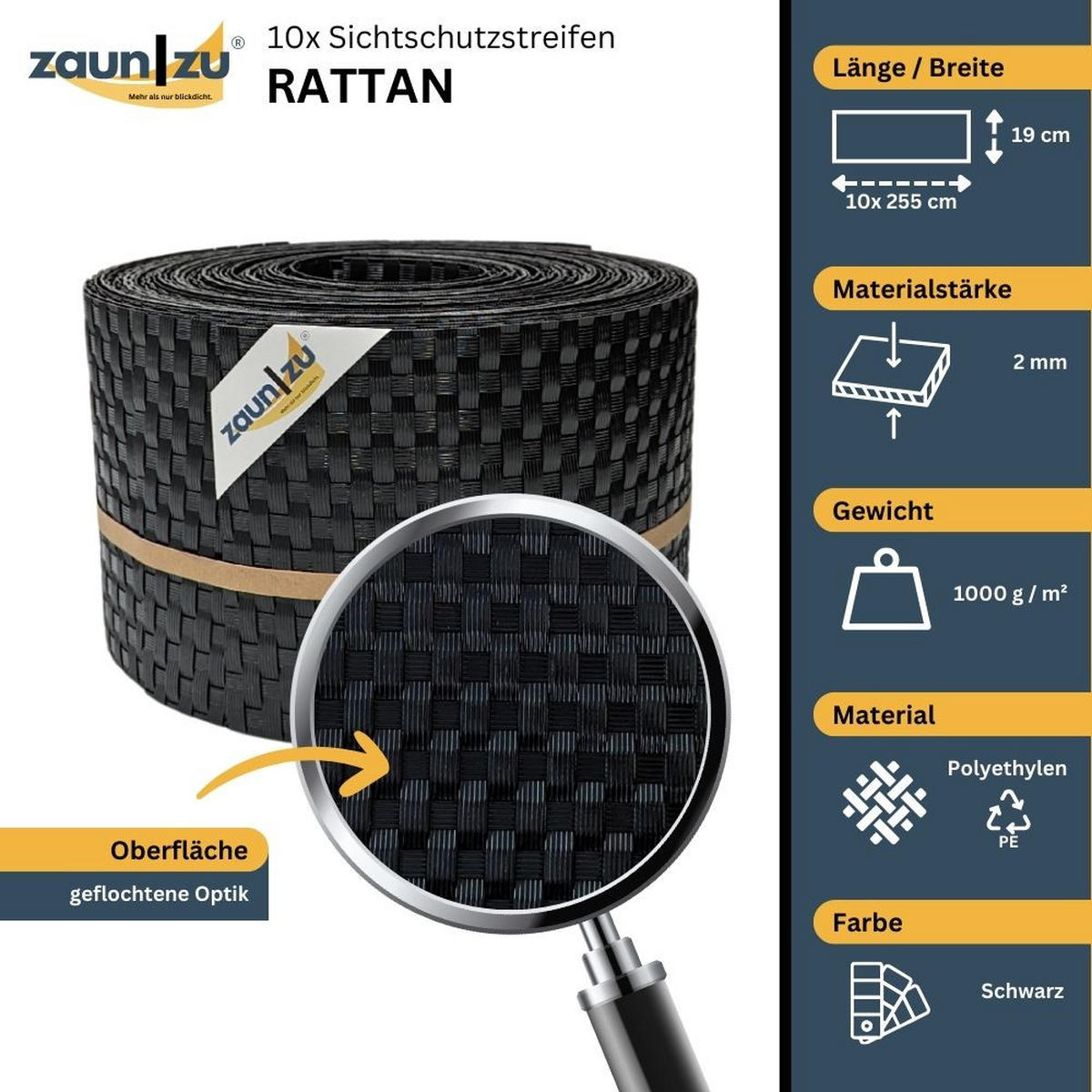 SICHTSCHUTZSTREIFEN Rattan für Doppelstabmatten UV-beständig Schwarz 10x 2,55m - Schwarz, Kunststoff (2550/19cm) - ZAUN|ZU