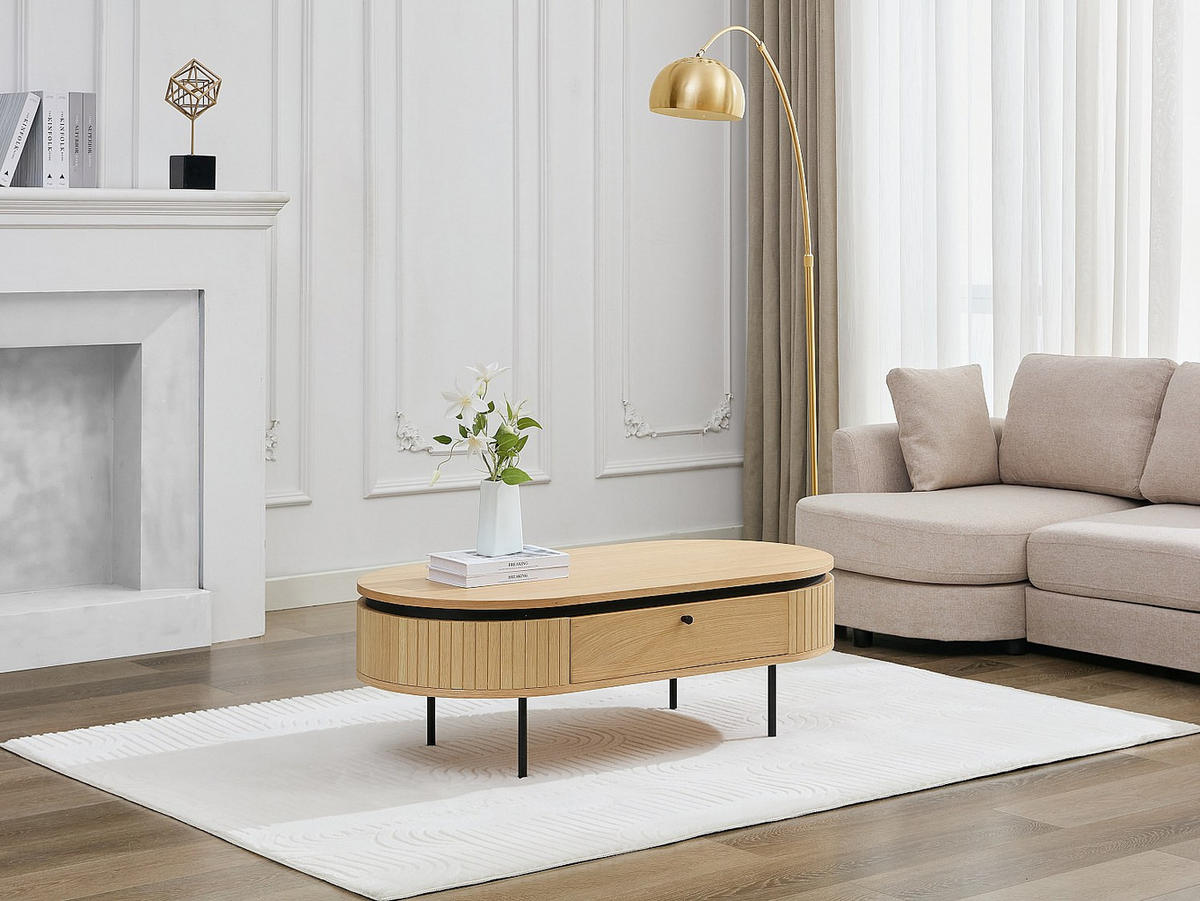 COUCHTISCH mit 2 Schubladen - Eichenfurnier & Metall - Holzfarben hell & Schwarz - CARDIONA - Schwarz, Metall (60/120/40cm) - Vente-Unique