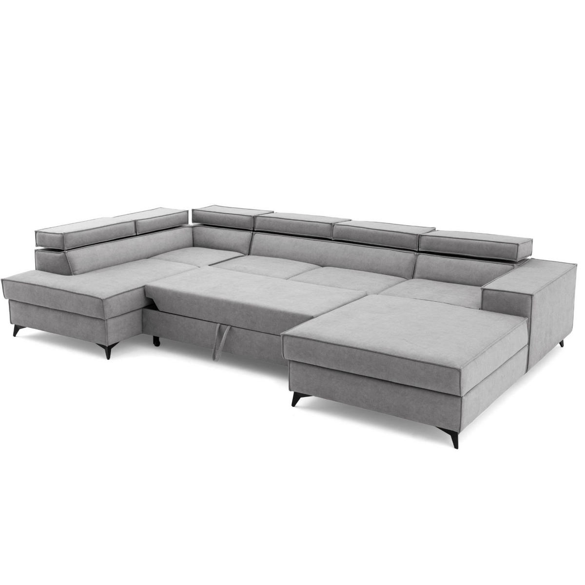 ECKSOFA PURE U Links mit Schlaffunktion 127x270 Velours Hellgrau - Hellgrau/Schwarz, Holz/Textil (340/204cm) - Muffo