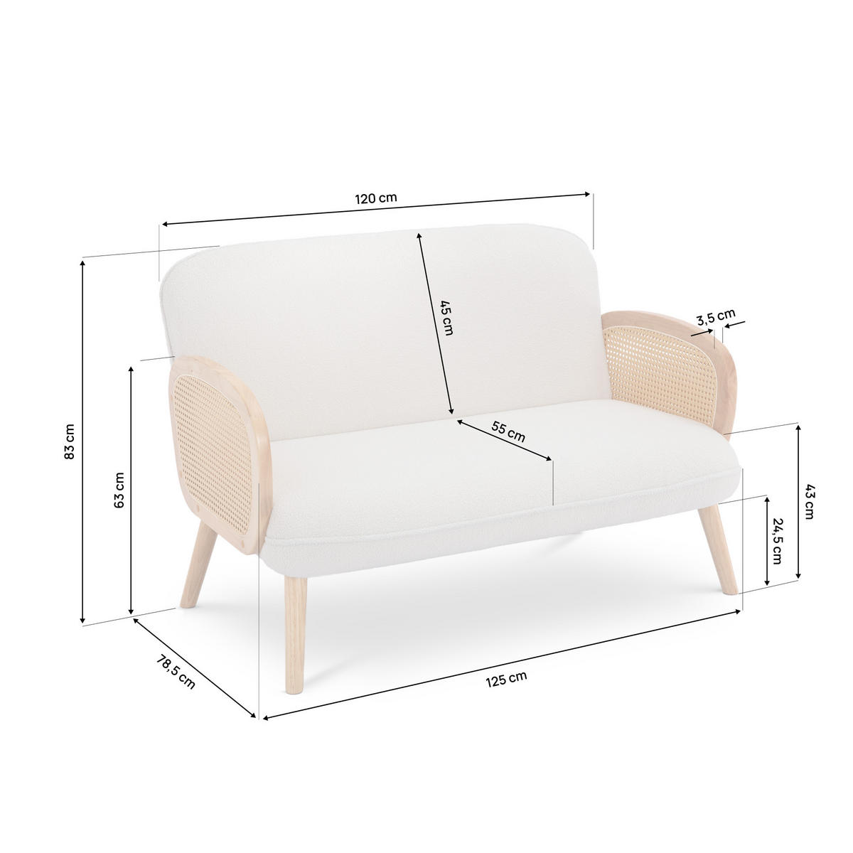 2-SITZER-SOFA Rosi Böhmisches in Cannage und weißem Frottee - Weiß/Akaziefarben, Holz/Holzwerkstoff (125/83/79cm) - Sicaan