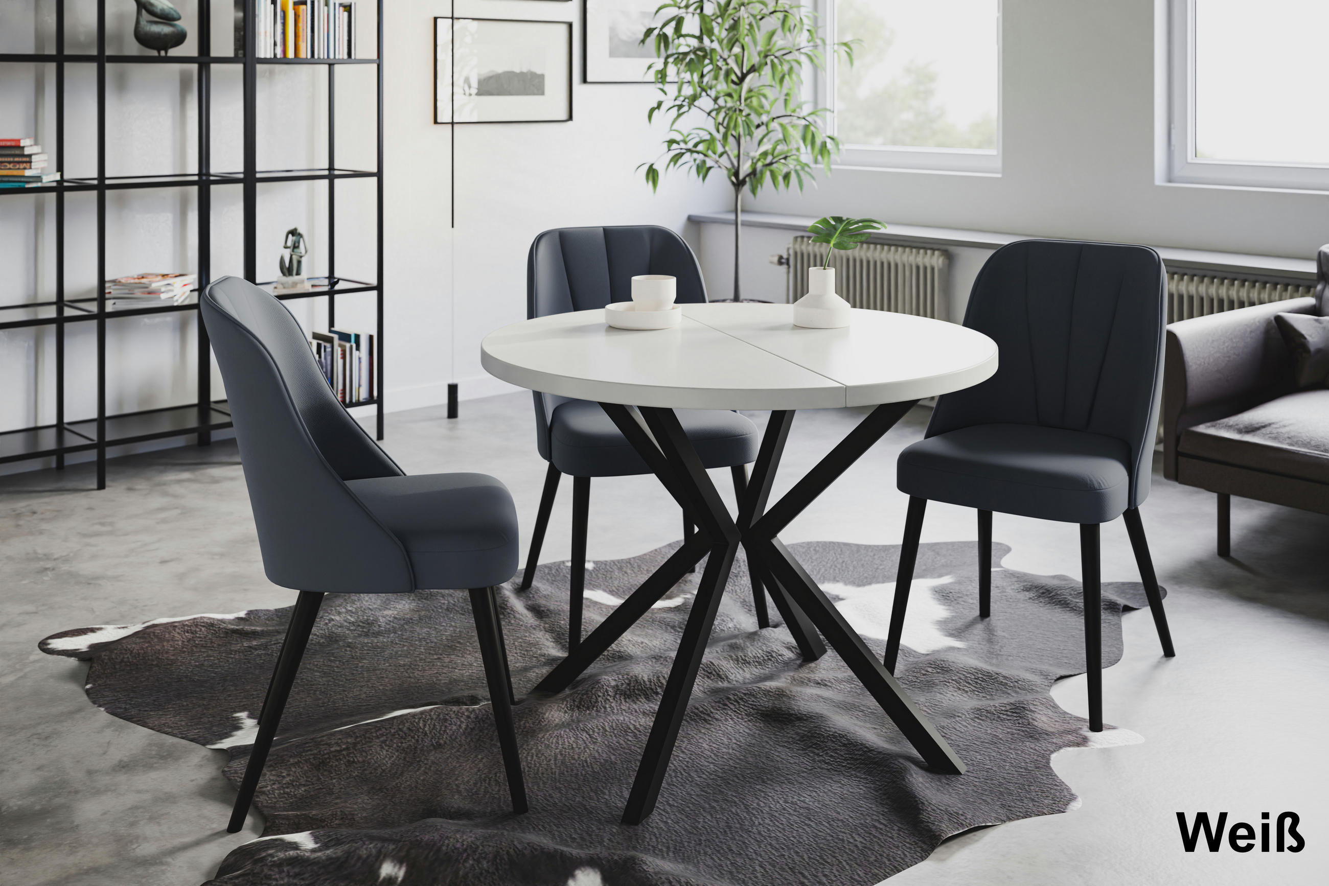 ESSZIMMERTISCH LOFT LITEN, ausziehbarer Tisch 90 cm/170 cm, Farbe: Weiß, mit Metallbeinen in Farbe Schwarz - Schwarz/Weiß, Holzwerkstoff (90/90/76cm) - Alpi-Möbel