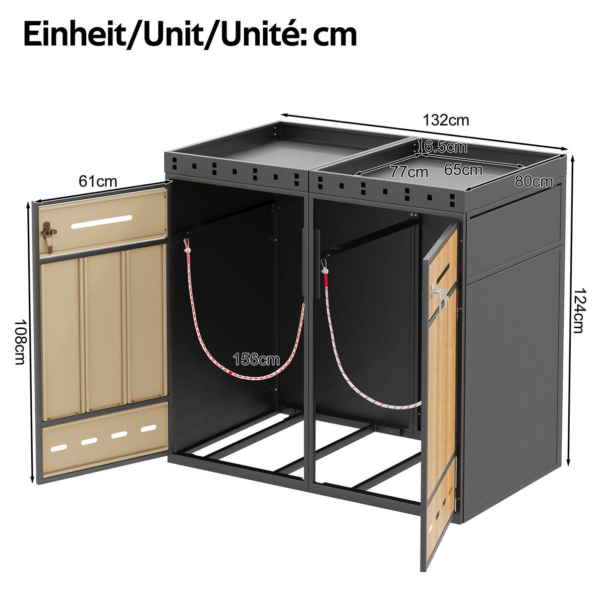 MÜLLTONNENBOX aus Stahl in Grau Holzoptik mit Pflanzdach & Schloss - Grau, Metall (264/124/80cm) - Modfu