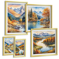 BILDER SET 5er Set - 50x50 cm & 20x30 cm & 40x60 cm Goldrahmen - Berglandschaft, Flusshütten - Goldfarben, Kunststoff (40/60cm) - TULUP