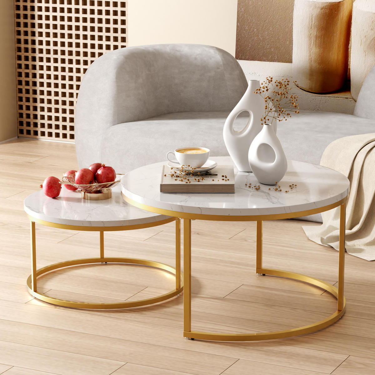 COUCHTISCH 2-teilig mit stabilem Eisenrahmen & leicht zu reinigende MDF-Tischplatte - Weiß, Holzwerkstoff (80/80/45cm) - OKWISH