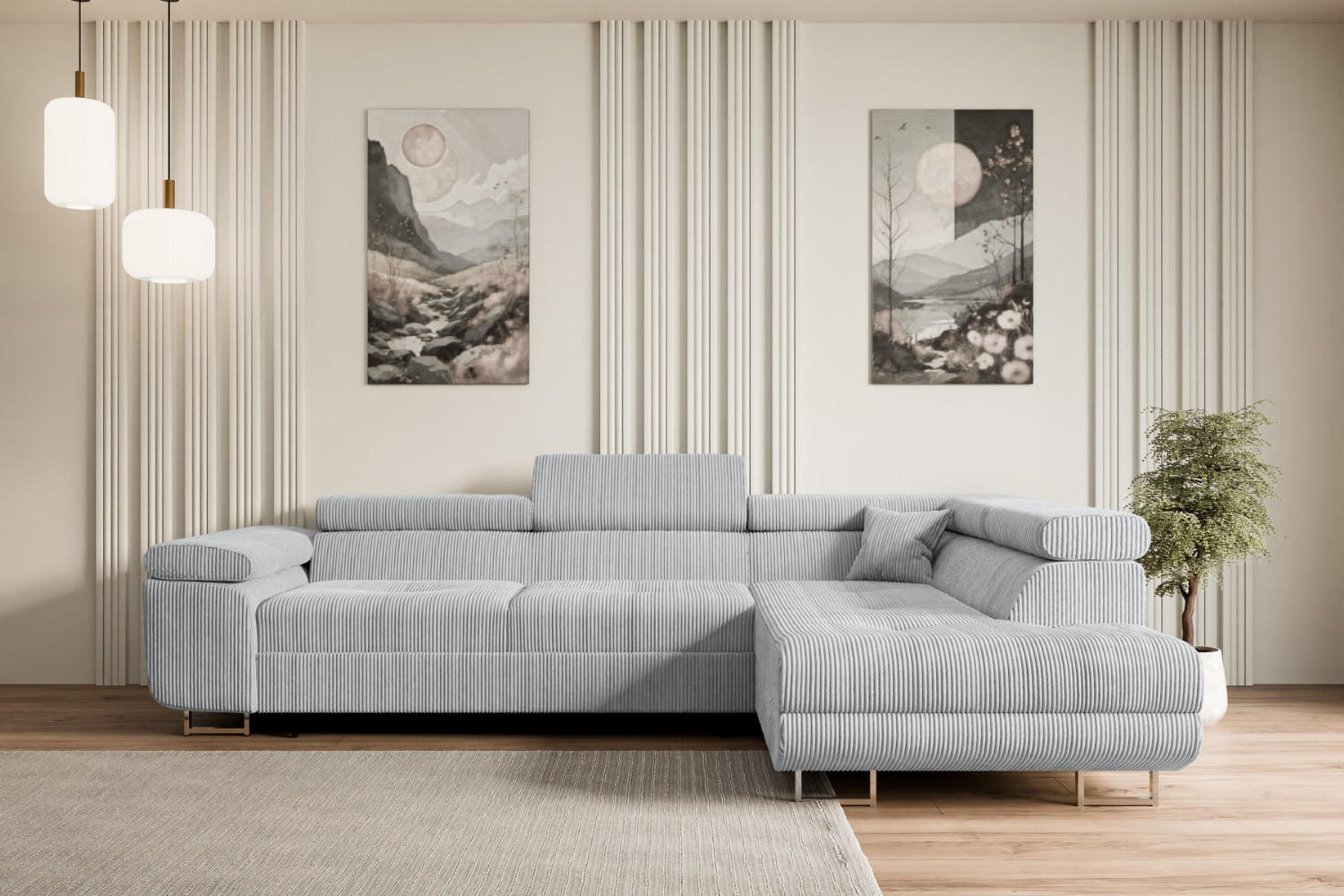 ECKSOFA mit Schlaffunktion und Bettkasten GUSA-L 272x202x107 cm Grau Cord - Silberfarben/Grau, Holzwerkstoff/Textil (272/202cm) - ALTDECOR