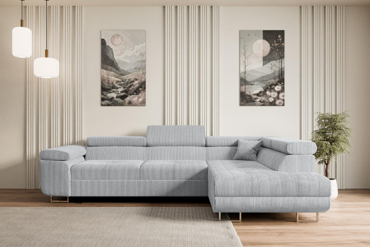 ECKSOFA mit Schlaffunktion und Bettkasten GUSA-L 272x202x107 cm Grau Cord - Silberfarben/Grau, Holzwerkstoff/Textil (272/202cm) - ALTDECOR