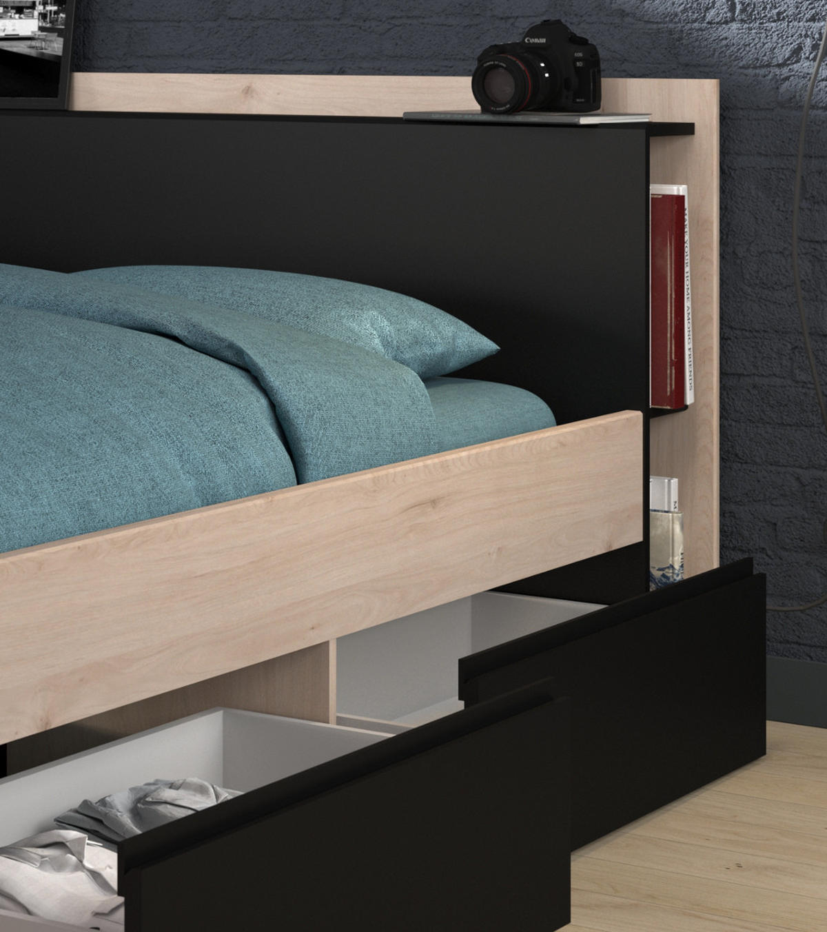 BETT mit Regal und 3 x Schubkasten Stauraumbett 140 x 200 cm - Eichefarben/Schwarz, Holz/Holzwerkstoff (140/200cm) - Parisot Meuble