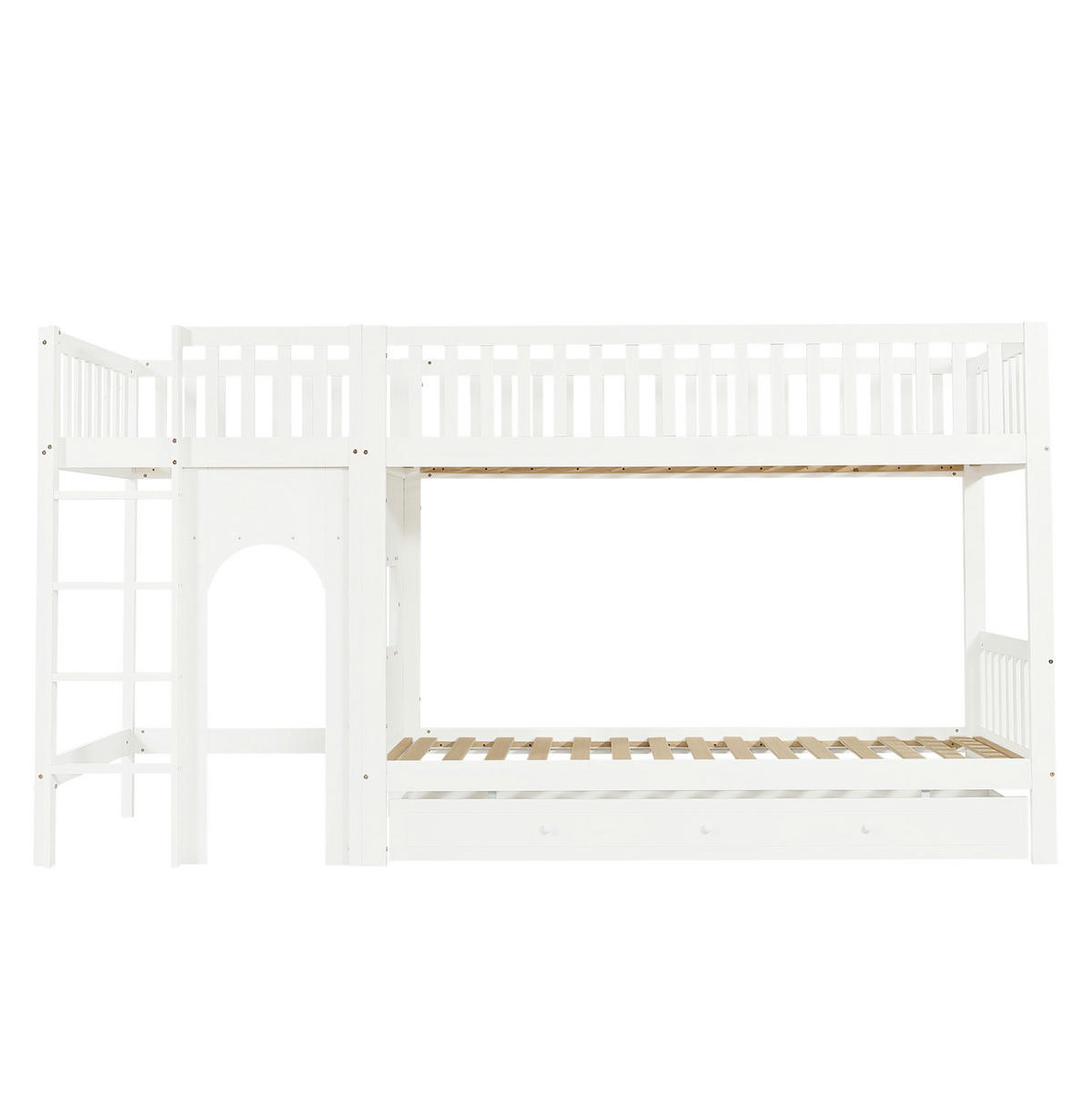 ETAGENBETT aus Kiefer und MDF 90x200 cm Weiß/Natur mit gerader Leiter und vierseitigem Geländer - Weiß, Holzwerkstoff (90/200cm) - Modfu