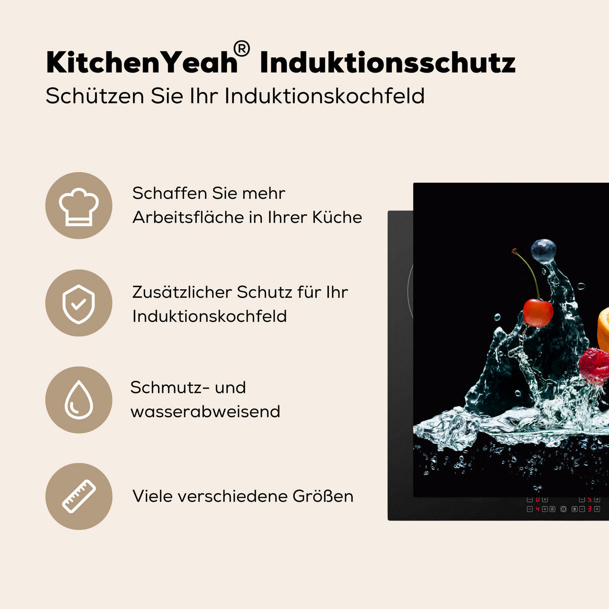 HERDABDECKPLATTE Wasser - Obst - Orange - Erdbeere - Kirsche - Schwarz 65x52 cm - Orange, Kunststoff (65/52/0.2cm) - MuchoWow