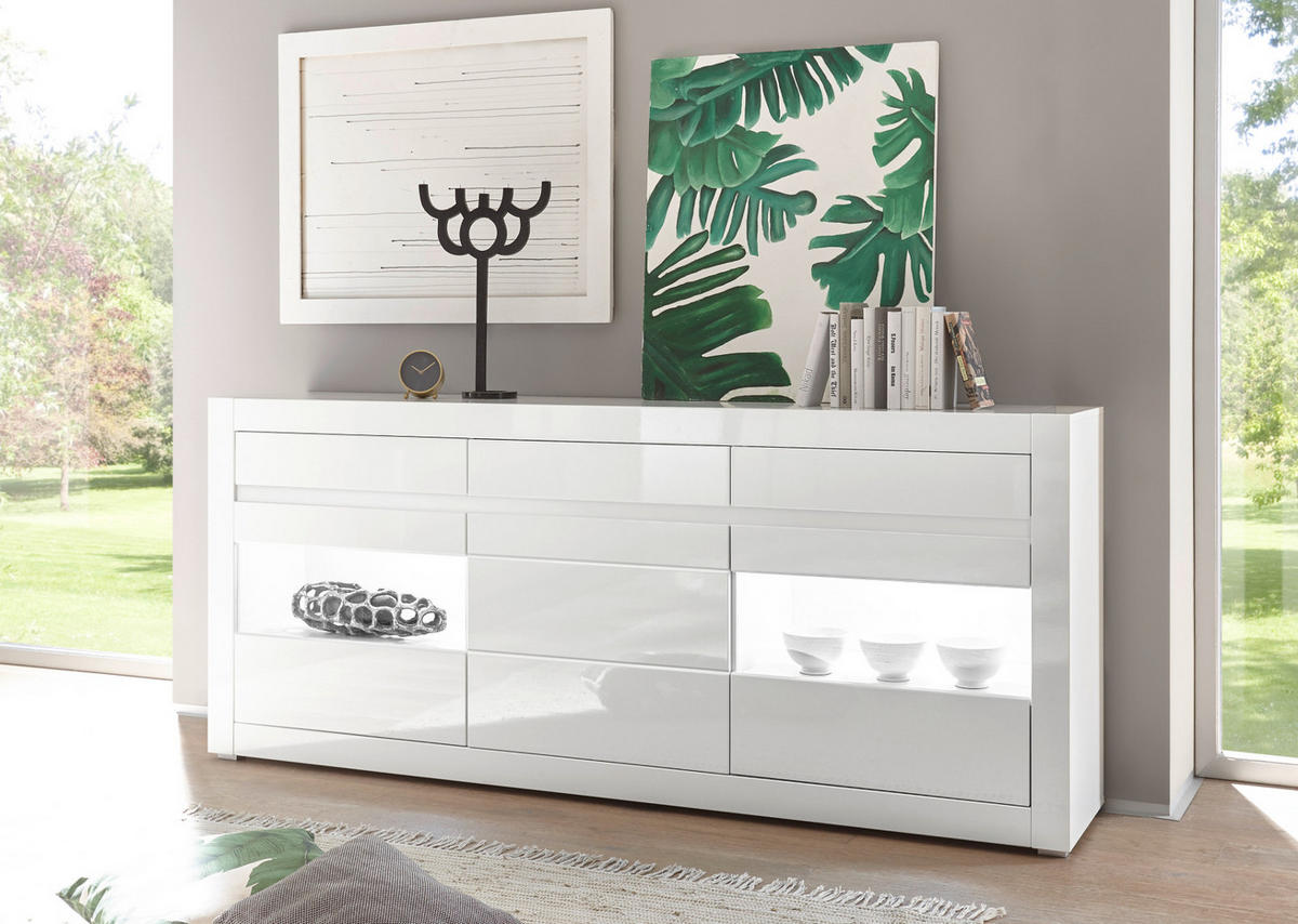 SIDEBOARD Hochglanz weiß, mit weiß oder grau, große Kommode 217 x 90 cm, Soft-Close - Weiß Hochglanz/Weiß, Glas/Holzwerkstoff (217/90/42cm) - Furn.Design
