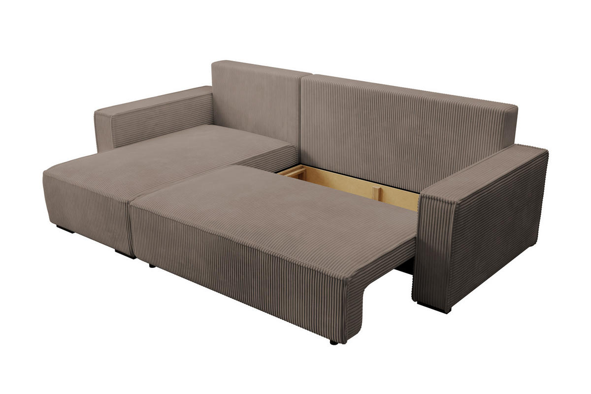ECKSOFA CUDDY L, Eckcouch in L-Form mit Schlaffunktion und Bettkasten, Farbe: Braun, Cordstoff, Ottomane Links - Braun, Textil (240/140cm) - Storez24
