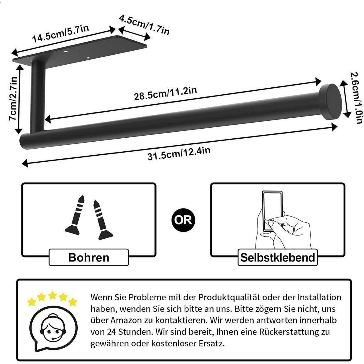 KÜCHENROLLENHALTER Edelstahl Mattschwarz Selbstklebend oder Bohrbar - Schwarz, Metall (7/7.6/31.5cm)