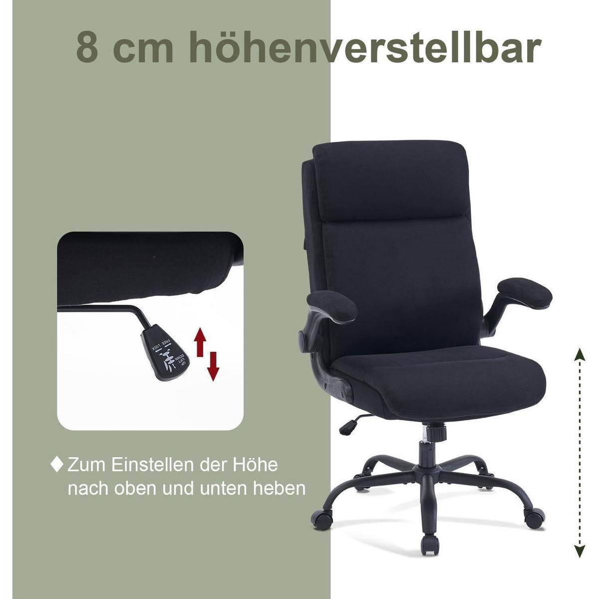 BÜROSTUHL Stoff Schwarz mit hoher Rückenlehne und hochklappbaren Armlehnen - Schwarz, Textil (68/113/70cm)