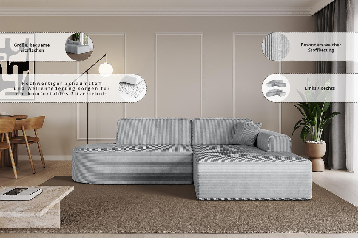 ECKSOFA Ottomane Rechts IREA-L1-v3 - 234x171x79 cm Dunkelgrau - Ecru, Holzwerkstoff/Textil (171/234cm) - ALTDECOR