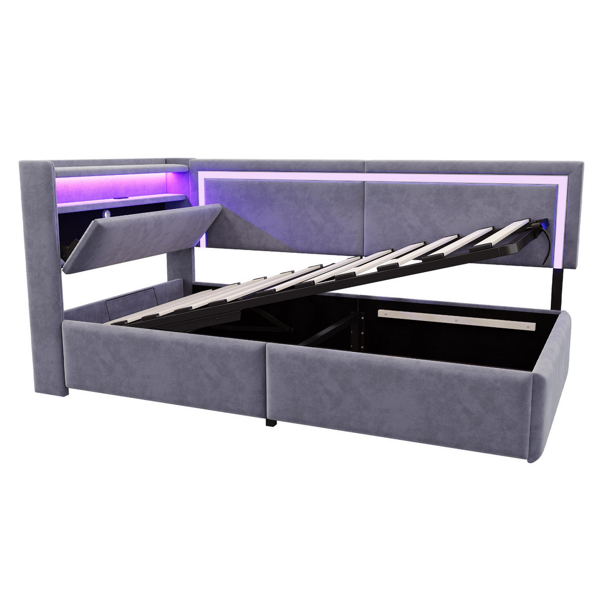 ROZKLADACIA posteľ 90/200 cm tmavosivá so LED osvetlením USB a úložným priestorom zo zamatu - sivá, textil (90/200cm) - OKWISH