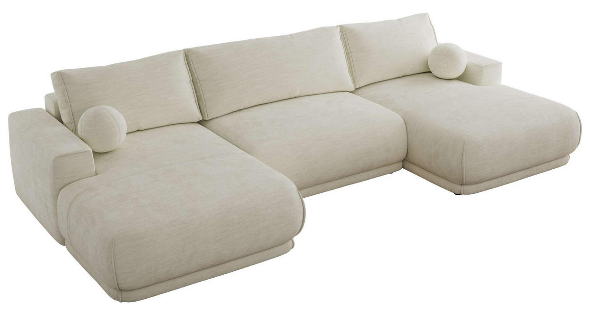 WOHNLANDSCHAFT RINA U Creme Schenille glatt - Creme/Schwarz, Kunststoff/Textil (360/85/170cm) - MKS