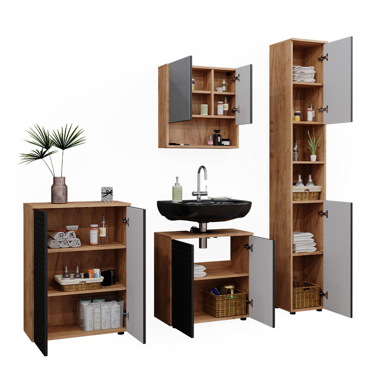BADMÖBEL-SET Irma Anthrazit gepunktet 4 Teile mit Hochschrank und Kommode - Anthrazit/Eiche Wotan, Holzwerkstoff (80/58.6/41cm) - Vicco