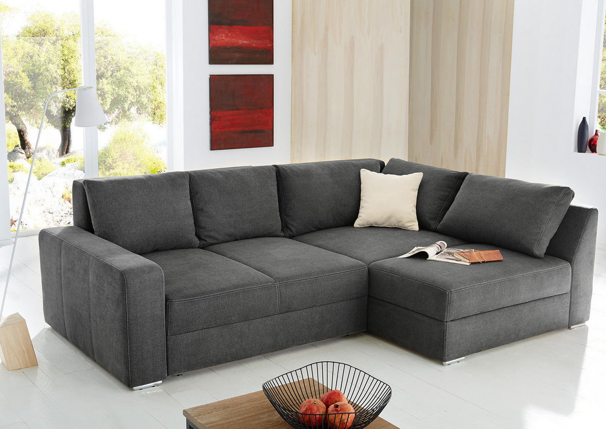 ECKSOFA-DAUERSCHLÄFER Boxspring Federkern Topper Bettkasten, seitenverkehrt montierbar B260/T181/H88 cm, Mikrofaser in Grau Anthrazit / 15107 - Chromfarben/Schieferfarben, Textil/Metall (260/181cm) - luma-home