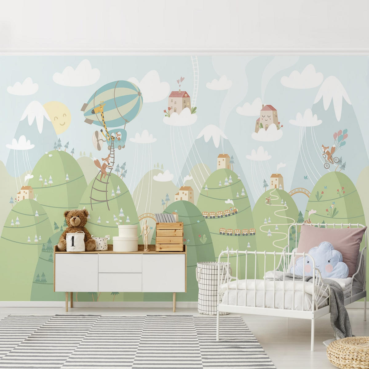 FOTOTAPETE Wald mit Häusern und Tieren 288/190 cm - Grün, Papier (288/190cm) - Bilderwelten