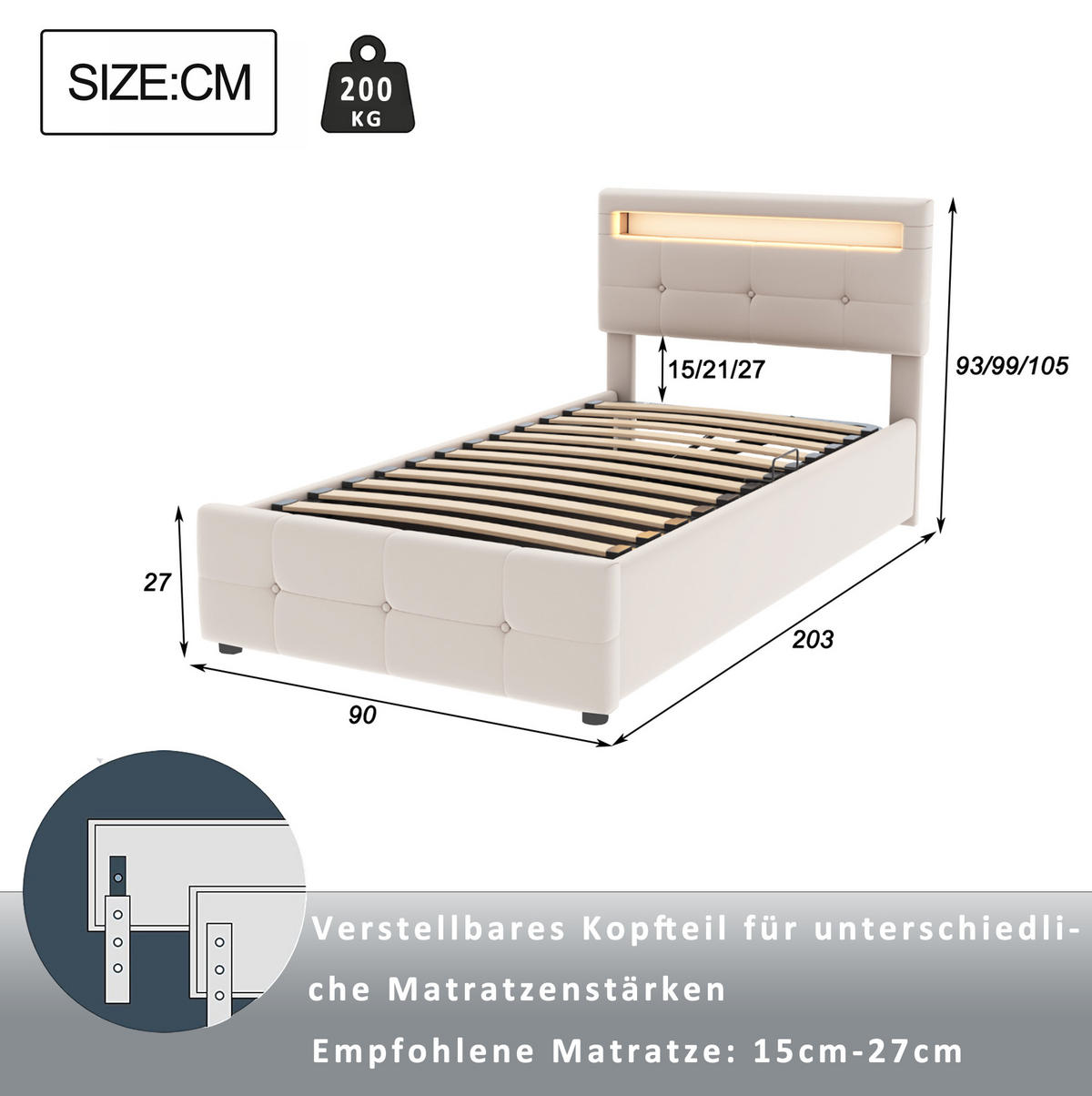 POLSTERBETT 90/200 cm Beige aus Samt mit LED-Beleuchtung und Stauraum - Beige, Textil (90/200cm) - OKMYHOME