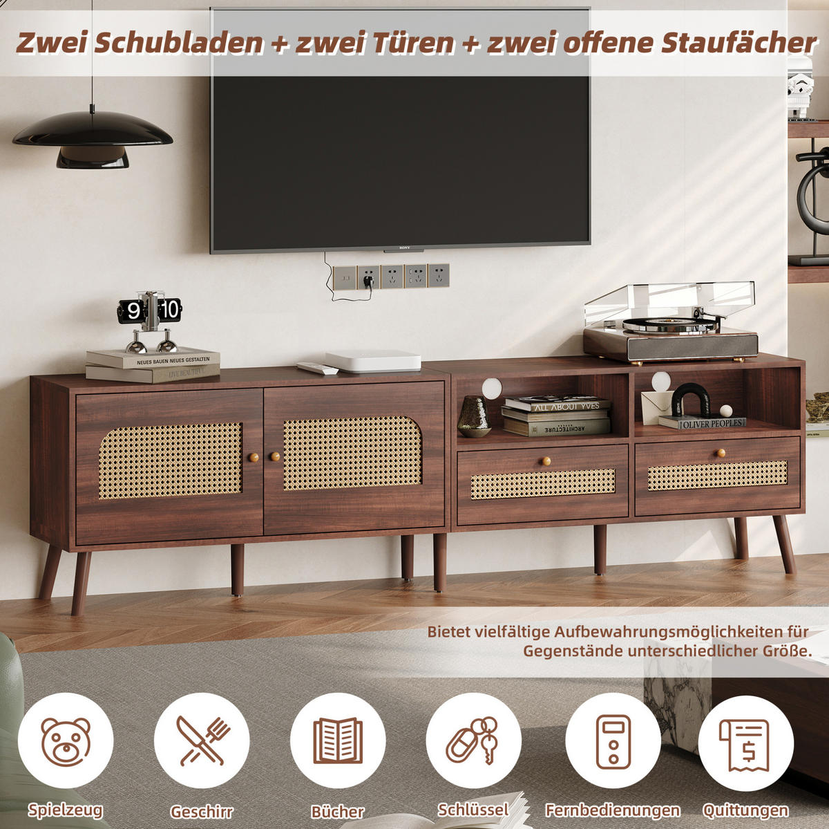 TV ormarić od iverice 200x37x49,5 cm smeđa s vratima od ratana, 2 ladice i 8 nogu - smeđa, drvni materijal (200/49.5/37cm) - Modfu