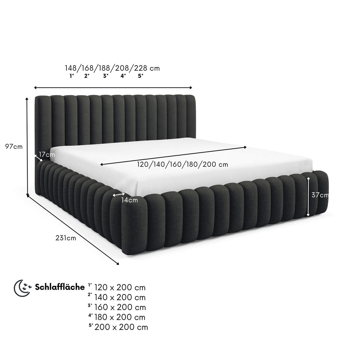 POLSTERBETT BLIVIO 180x200 cm,mit Bettkasten,Lattenrost,Doppelbett,Boxspringbett-Optik-Schwarz - Schwarz, Holz (180/200cm) - Furnistar