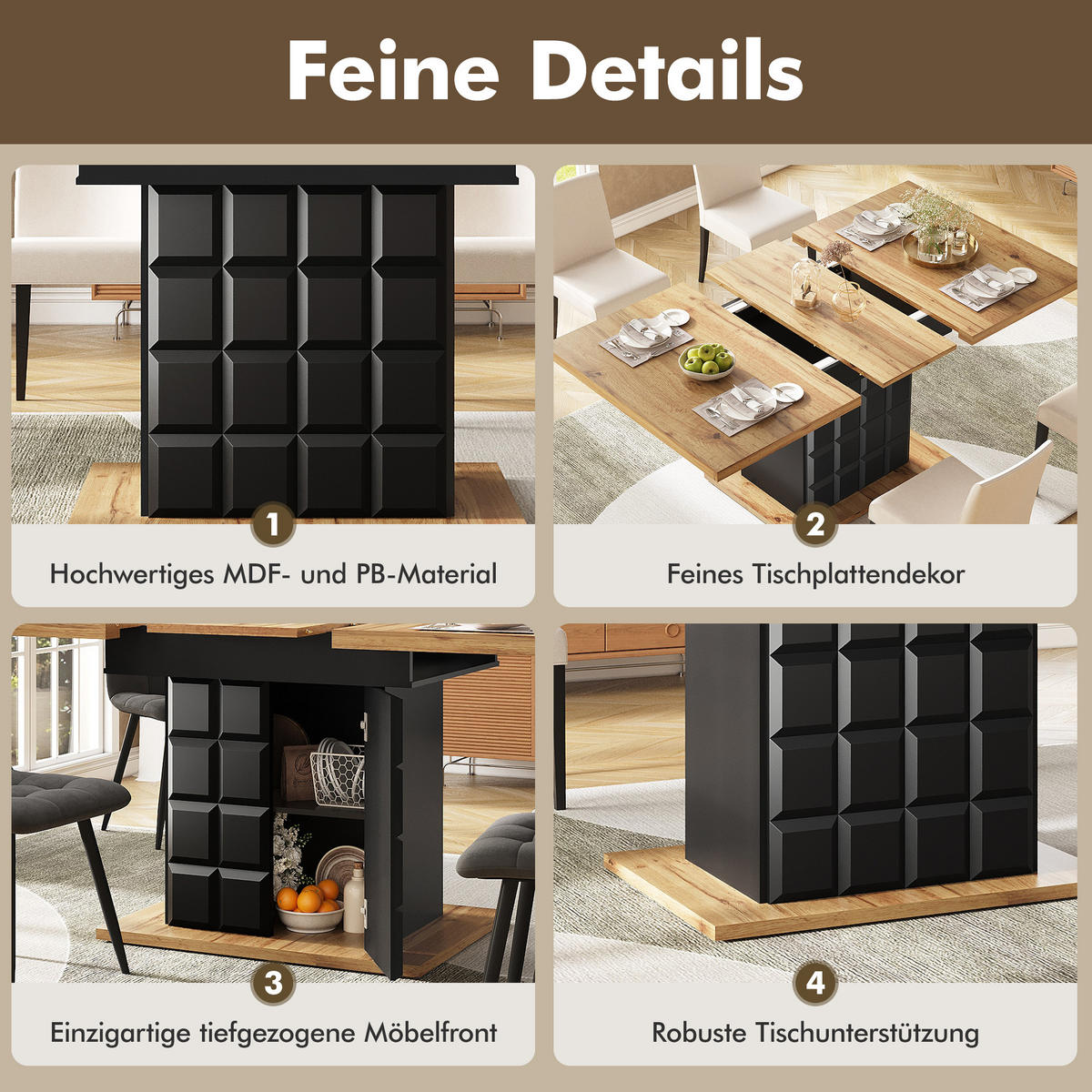 AUSZIEHBARER Esstisch, MDF mit Stauraum & Regalen, 110-140/80/75 cm, Schwarz/Natur - Schwarz, Holzwerkstoff (110/80/75cm) - Redom