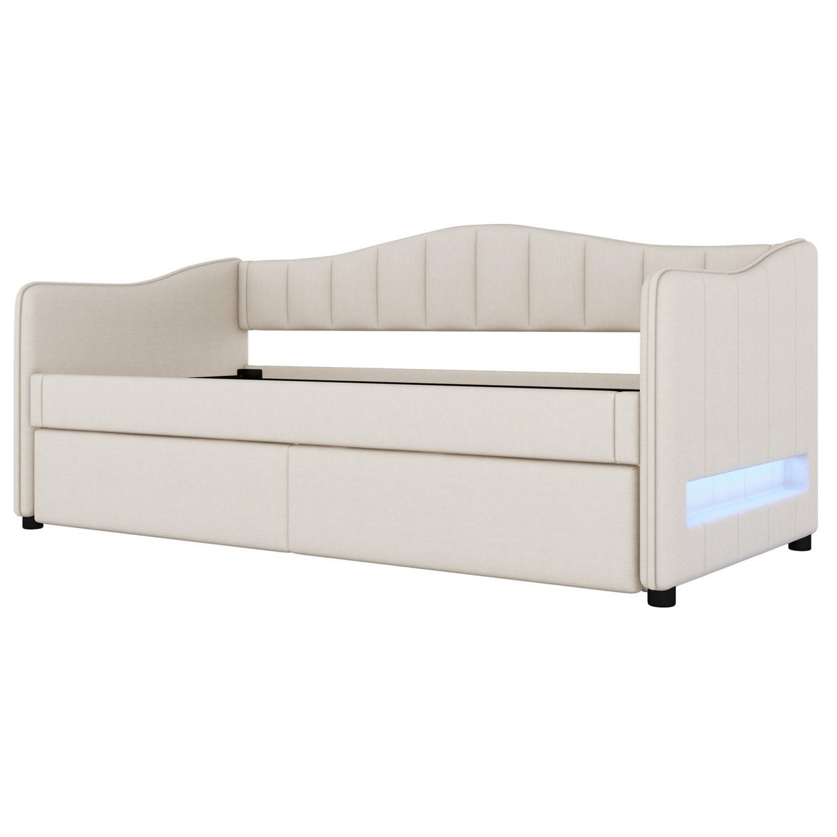 TAGESBETT 90/200 cm mit ausziehbarem Rollbett und LED-Beleuchtung, Leinenbezug, Beige - Beige, Textil (90/200cm) - Redom