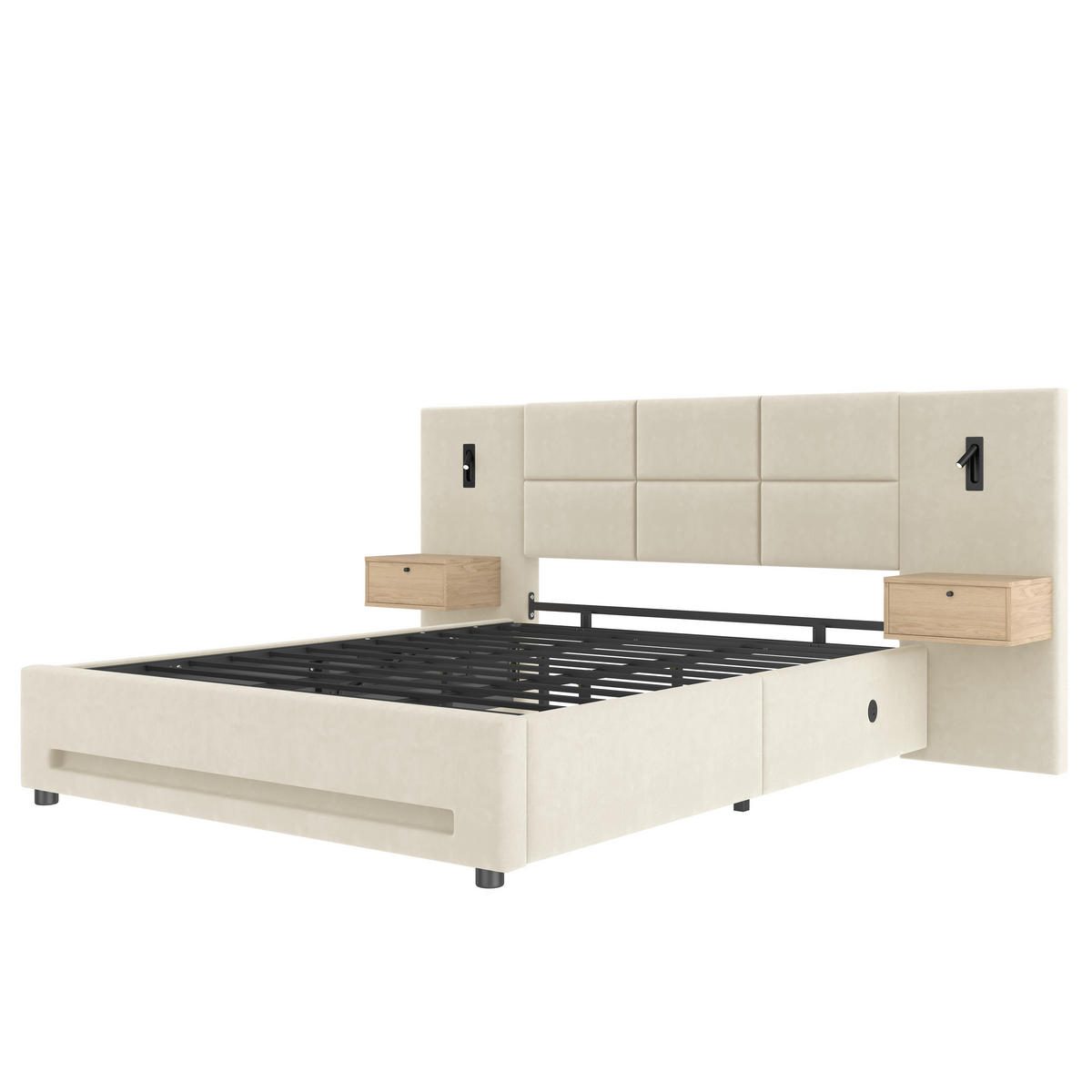POLSTERBETT 180/200 cm in Beige Samt mit Stauraum, LED und USB-C - Beige, Holzwerkstoff/Textil (180/200cm) - CHICFURN