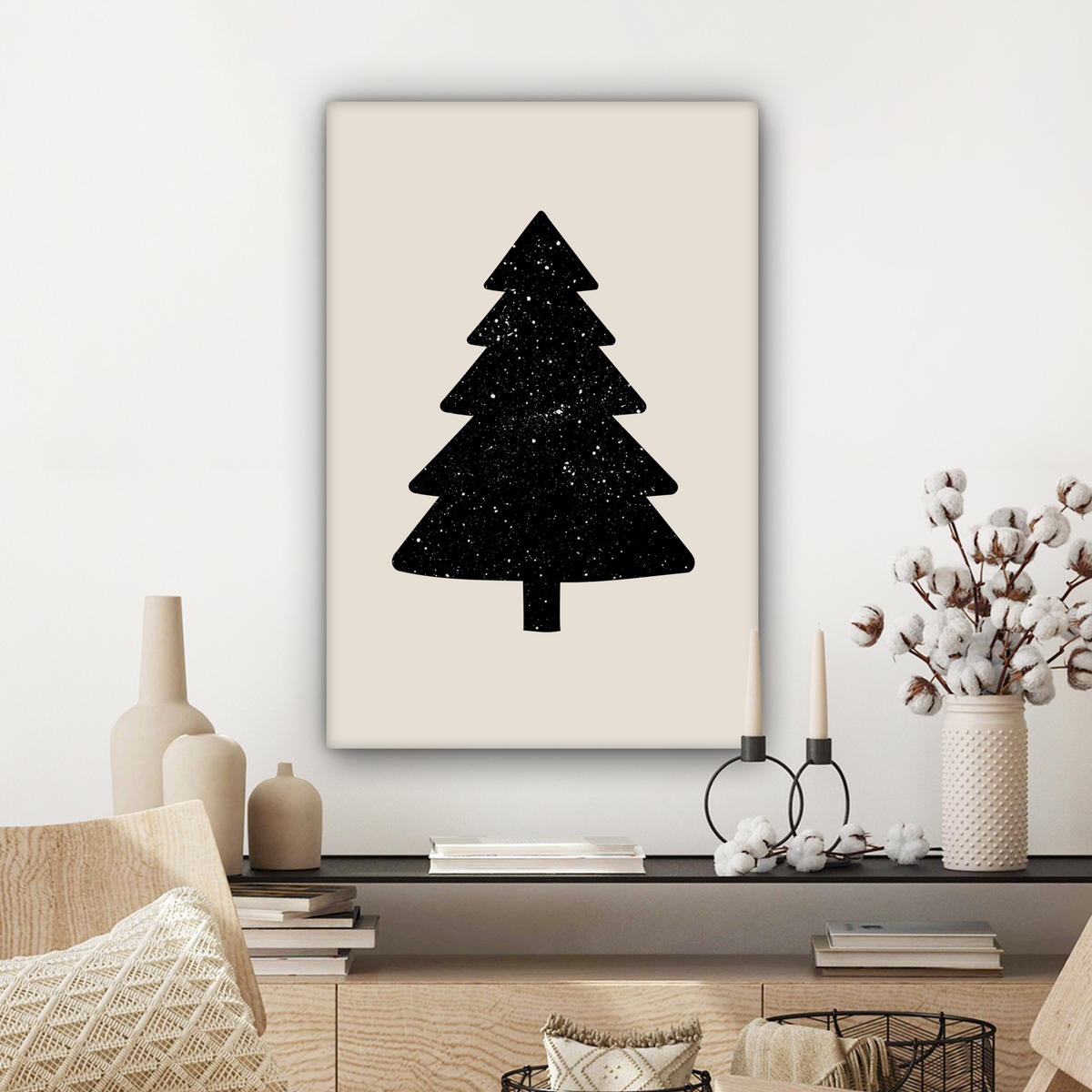 LEINWANDBILD Weihnachtsbaum - Schwarz - Urlaub - Beige 60x90 cm - Schwarz, Textil (60/90cm) - MuchoWow