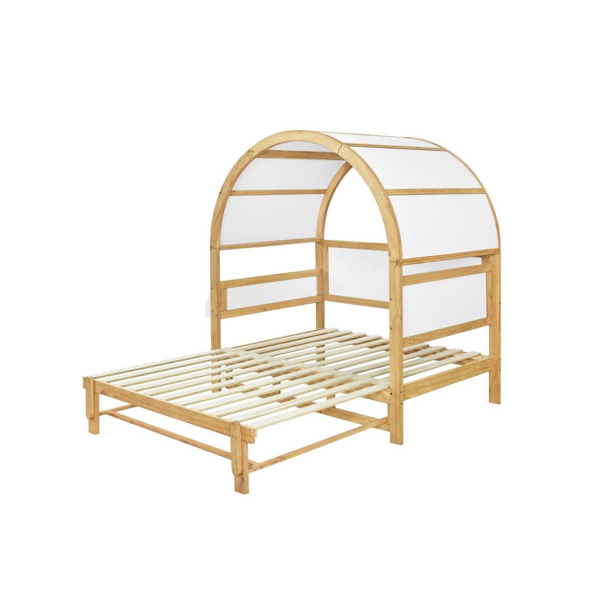 HAUSBETT aus Kiefer und MDF 140x200 cm Weiß/Natur mit Ausziehbett, Ablagefläche und gewölbtem Dach - Weiß, Holzwerkstoff (140/200cm) - Modfu
