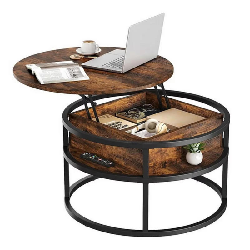 COUCHTISCH rund höhenverstellbar Landhausstil versteckter Stauraum Holz Grau - Grau, Holz (80/80/60cm) - Kaket