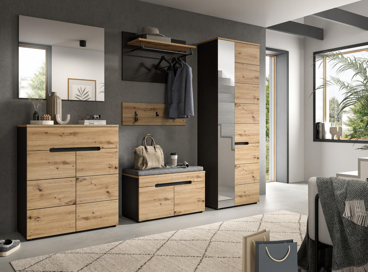 SCHUHSCHRANK Flurkommode Eiche Artisan und grau 80 cm, mit Soft-Close - Schwarz/Eiche Artisan, Holzwerkstoff/Kunststoff (80/94/37cm) - Inn.Furn