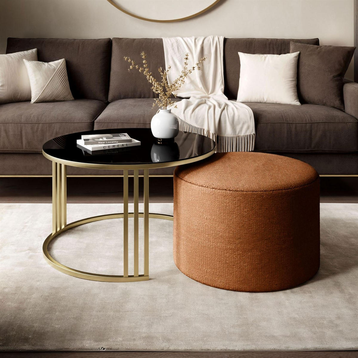 COUCHTISCH mit Hocker LORI GLASS gebürstetes Gold/schwarzes Glas/Perfect Harmony 52 - Schwarz, Metall (70/70/49cm) - Lookway