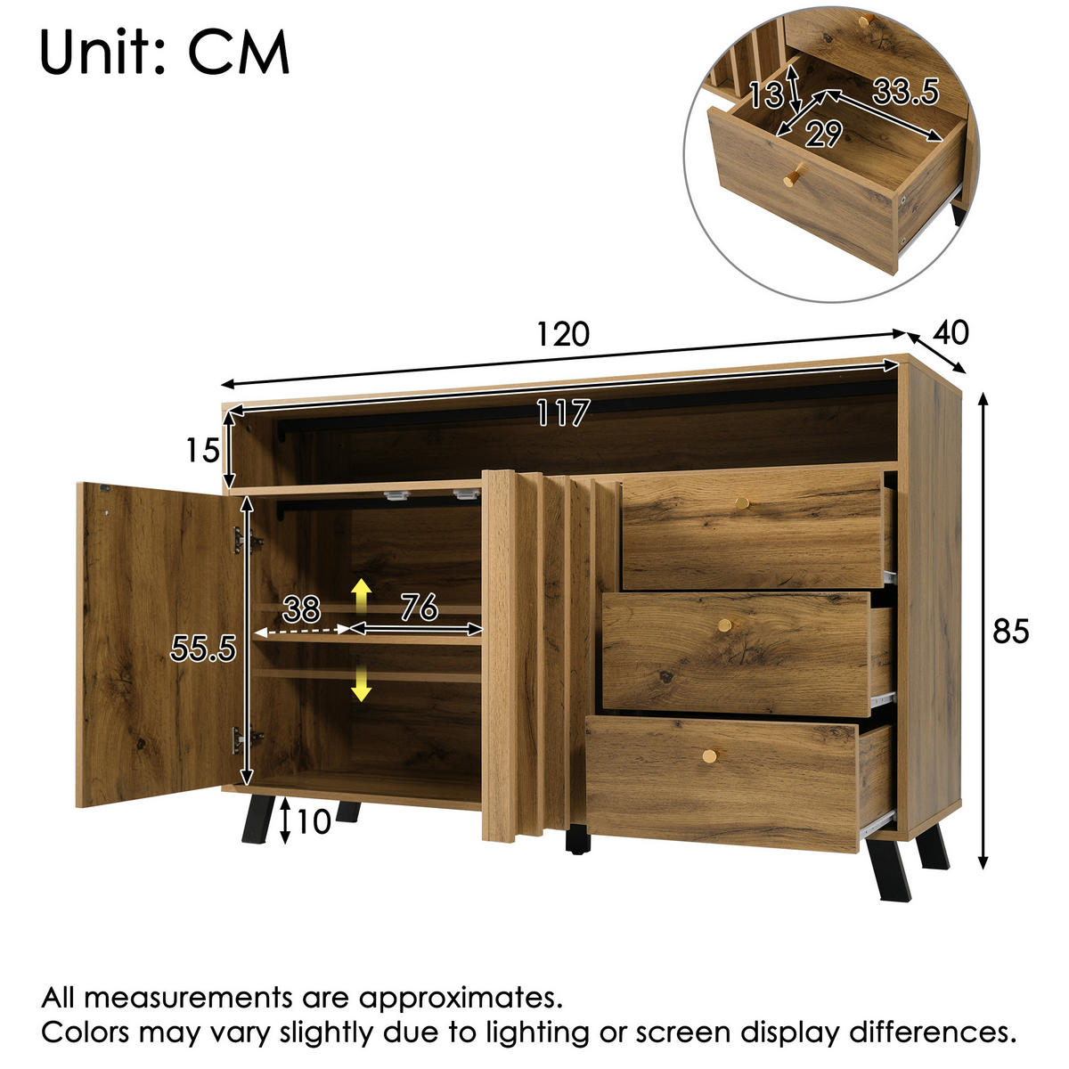 SIDEBOARD 120/40/85 cm mit 2 Türen, 3 Schubladen & offenem Fach in Dunkler Eiche - Braun, Holz (120/85/40cm) - BEAOK