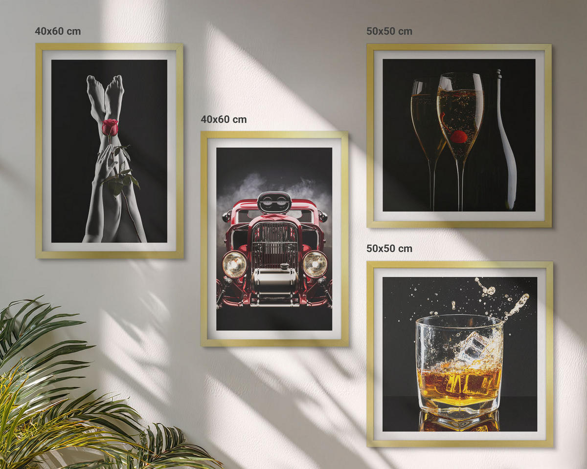 BILDER SET 4er Set - 50x50 cm & 40x60 cm Goldrahmen - Frauenbeine Rosenwagen Wein - Goldfarben, Kunststoff (50/50cm) - TULUP