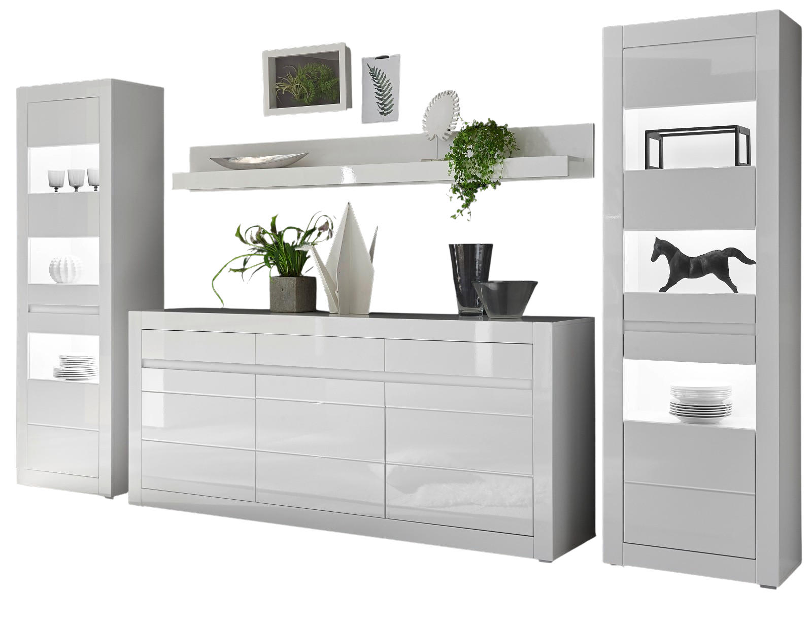 WOHNWAND weiß Hochglanz, Stone Design grau 4-teilig, Anbauwand mit Soft-Close - Weiß Hochglanz/Weiß, Glas/Holzwerkstoff (369/198/42cm) - Furn.Design