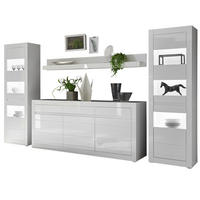 WOHNWAND weiß Hochglanz, Stone Design grau 4-teilig, Anbauwand mit Soft-Close - Weiß Hochglanz/Weiß, Glas/Holzwerkstoff (369/198/42cm) - Furn.Design