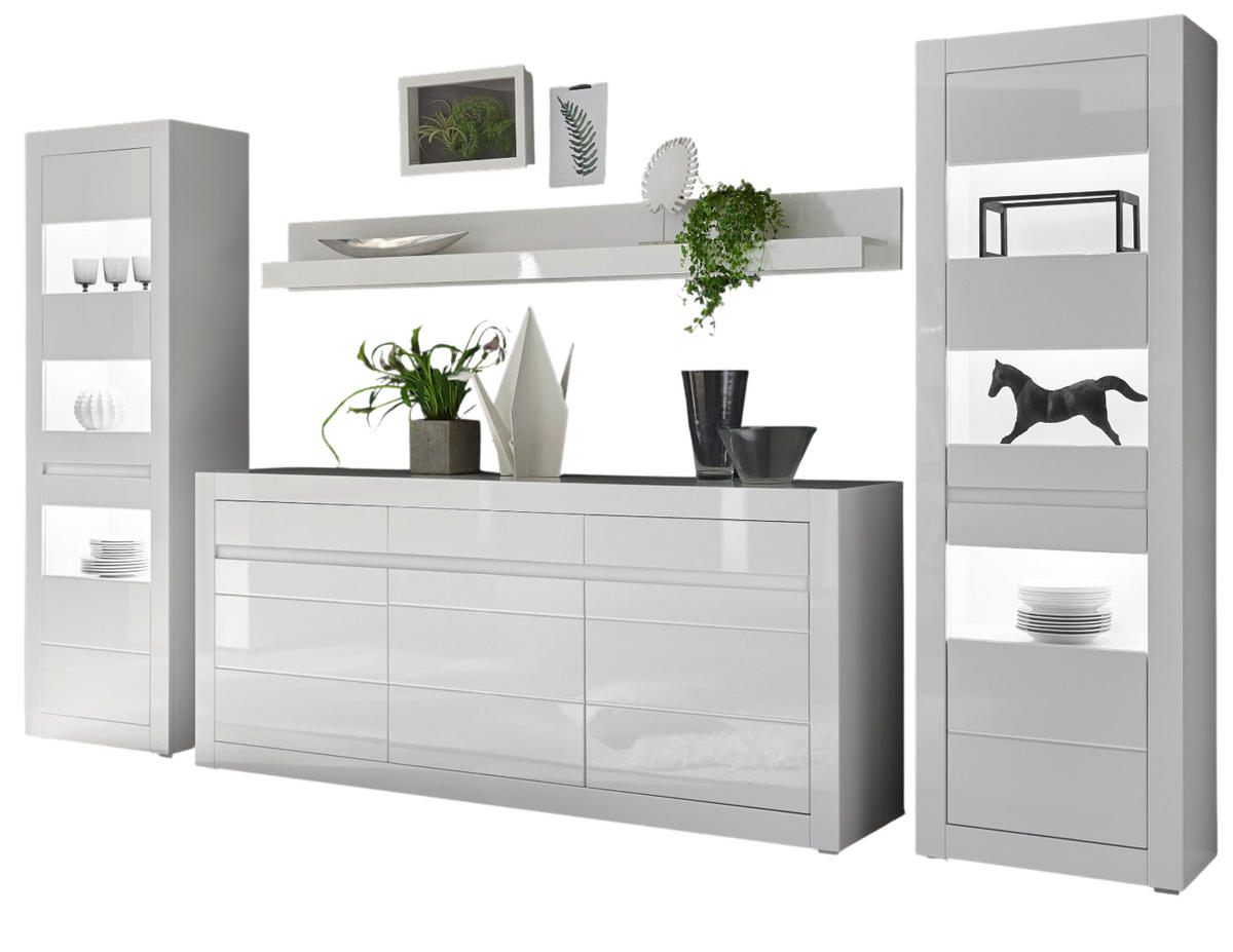 WOHNWAND weiß Hochglanz, Stone Design grau 4-teilig, Anbauwand mit Soft-Close - Weiß Hochglanz/Weiß, Glas/Holzwerkstoff (369/198/42cm) - Furn.Design