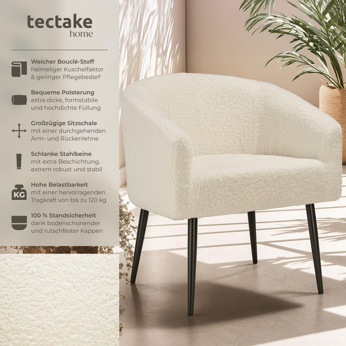 SESSEL Mysig,120 kg Belastbarkeit, 68 x 62 x 77 cm,creme - Creme, Kunststoff (68/77/62cm) - tectake