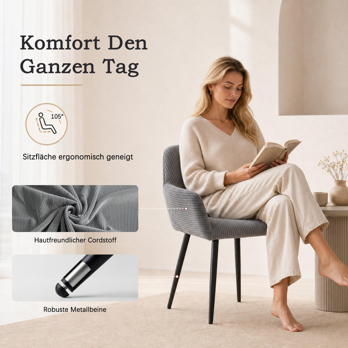 ESSZIMMERSTÜHLE 2er-Set, gepolstert, Cordbezug, Metallbeine, Grau - Grau, Textil (56/78/56cm) - Meubles Cosy