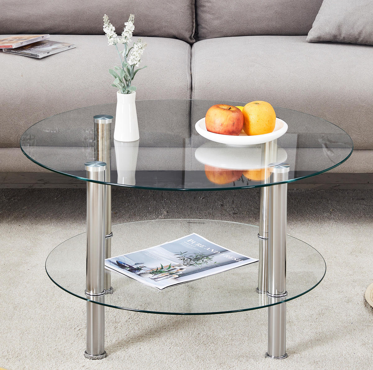 COUCHTISCH aus Glas und Metall Ø70/60x42 cm in Transparent mit 2 Ebenen - Transparent, Glas (70/70/42cm) - Modfu