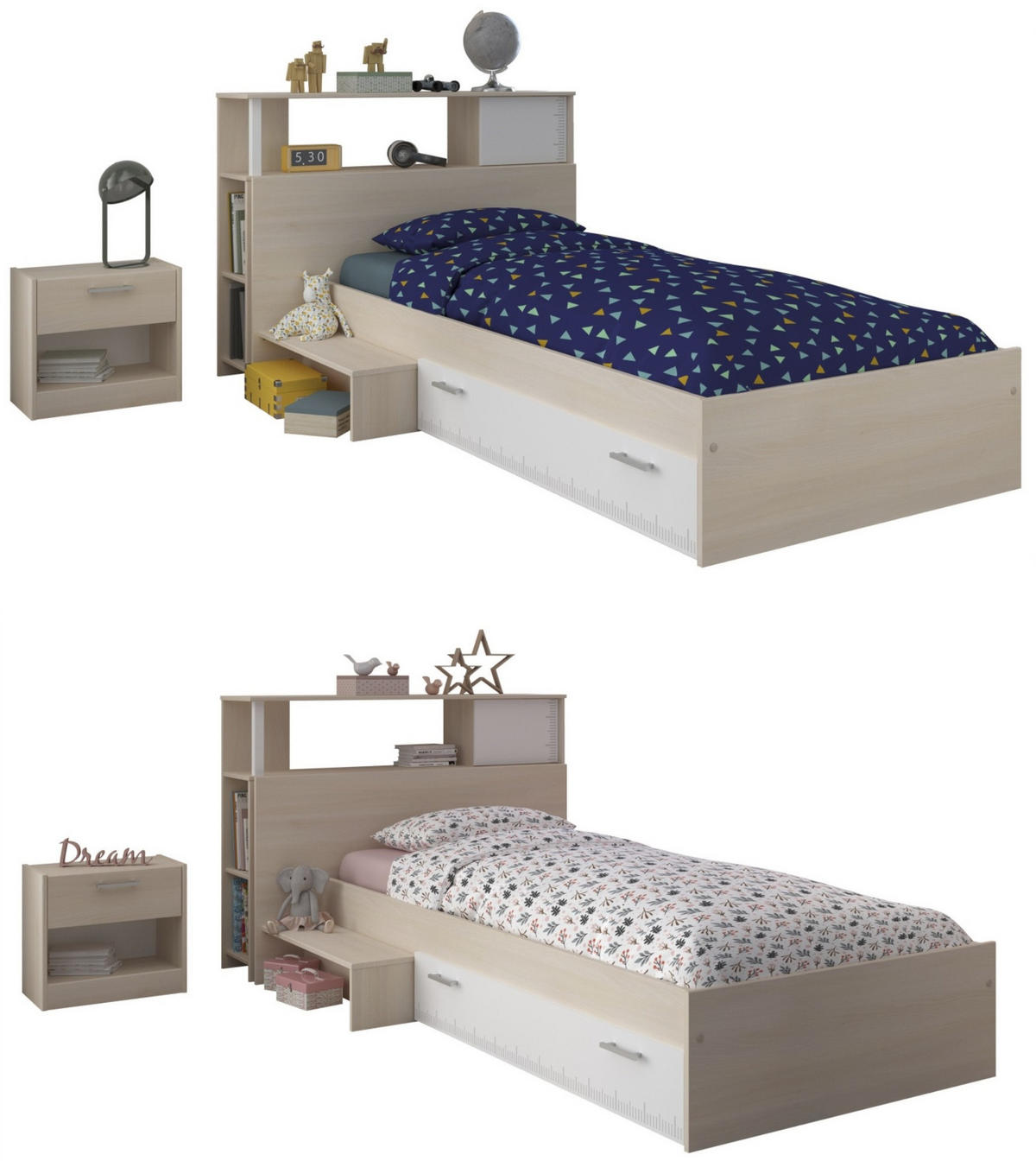 KINDERZIMMER Set 3-tlg. mit Regal Nachttisch und Bett 90 x 200 - Silberfarben/Weiß, Holz/Holzwerkstoff (203/93/123cm) - Parisot Meuble