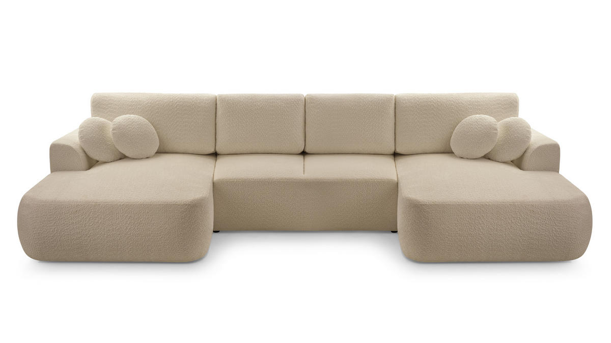 WOHNLANDSCHAFT FILO Beige Boucle-Stoff mit Schlaffunktion - Beige, Holz (364/87/168cm) - MASSENO